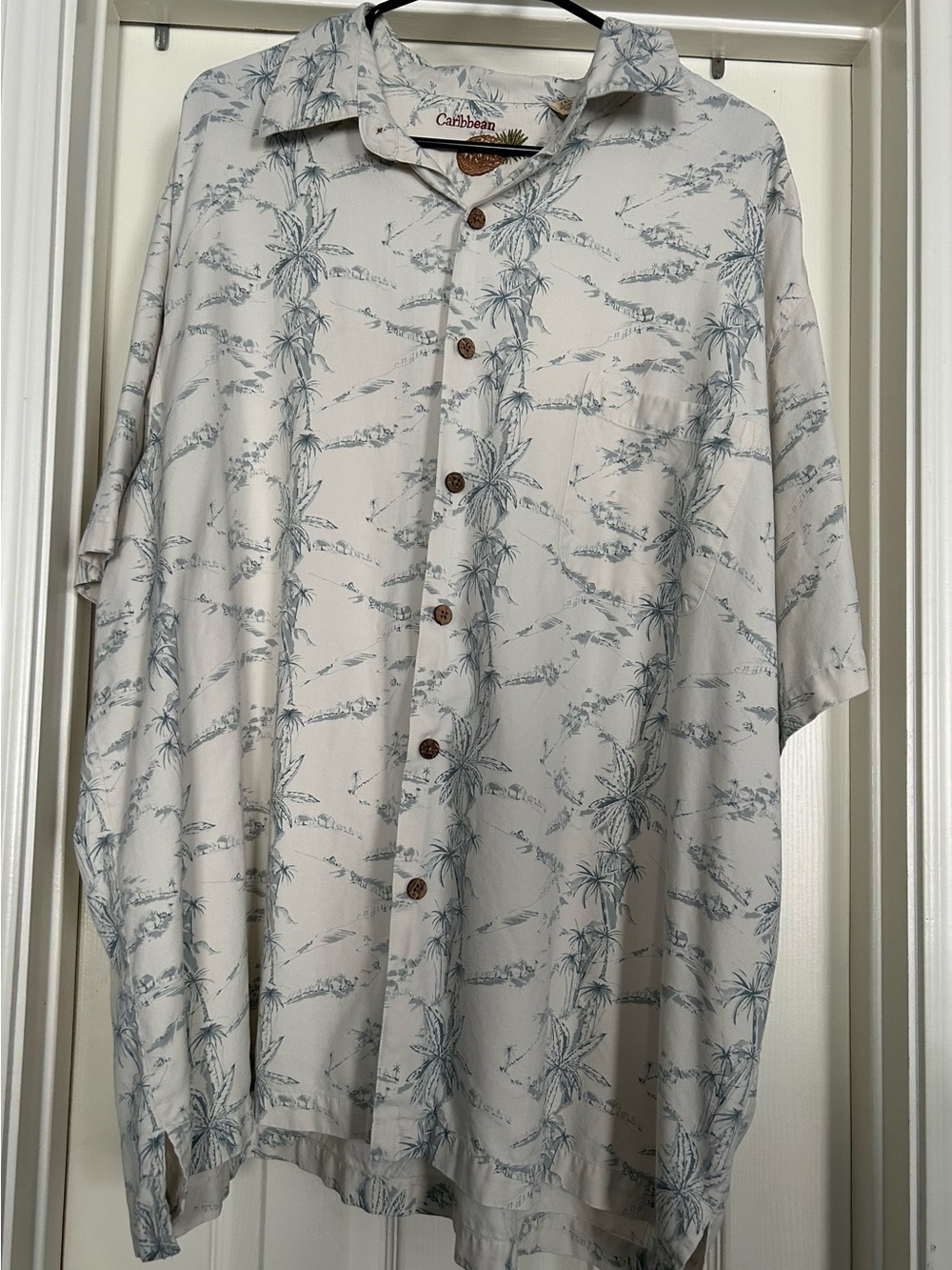 Caribbean White Shirt with Blue-Grey Tropical Print and Pineapple Embroidery